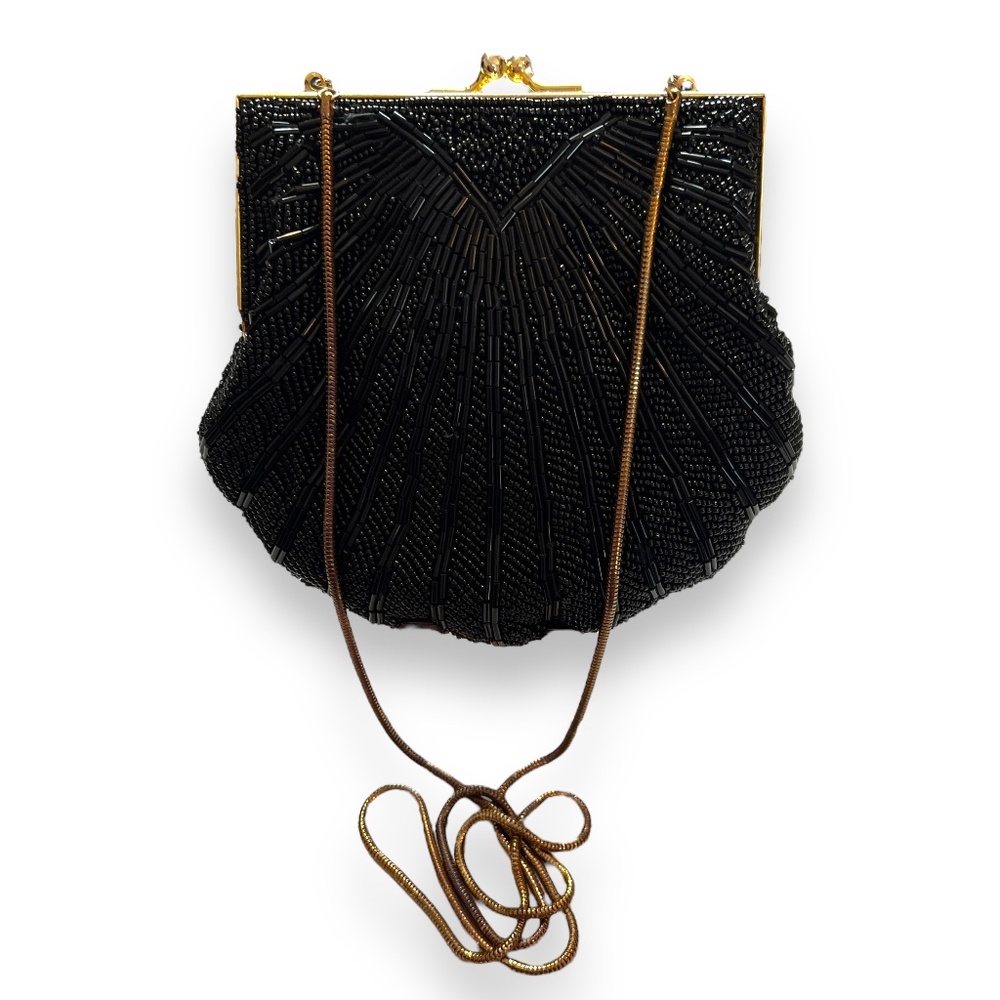 Hasting & Smith Black Beaded Sequins Clamshell Evening Purse‎ Gold Accents
